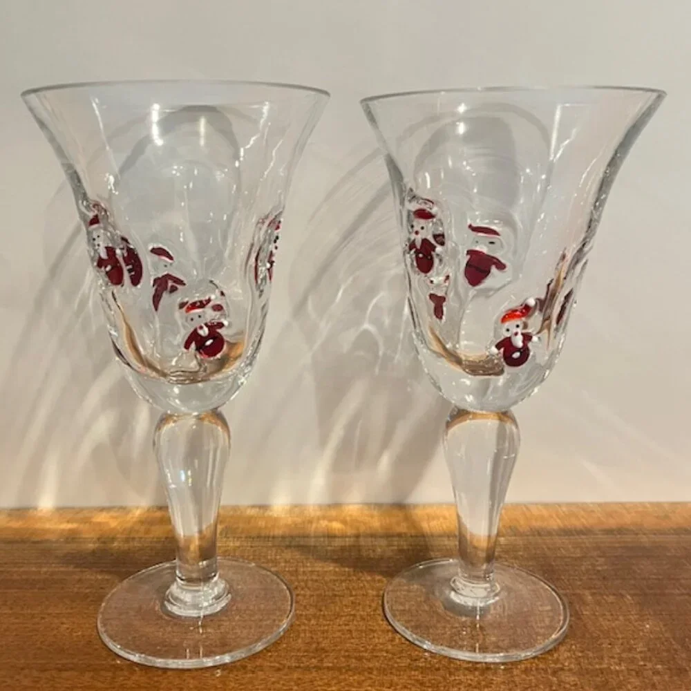 Set of (2) Crate & Barrel 8oz Blown Glass Fused Santa Wine Goblets Glasses